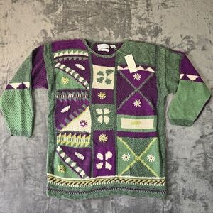 Vintage Hand Knit Sweater Segrets Sun Prints Size Large Granny Square New NWT